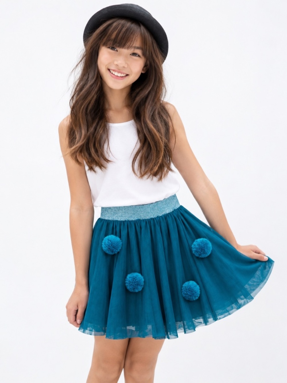 Zara girls green teal tulle skirt with pompons